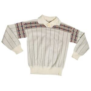 Vtg Bellini Acrylic Sweater Mens S Geometric Striped Creme Orange Blue Collared